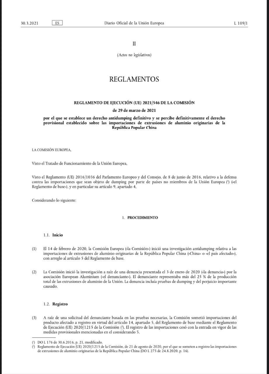 LA UNIÓN  EUROPEA RATIFICA LOS ARANCELES A  EXPORTADORES CHINOS  DE PERFILES DE ALUMINIO